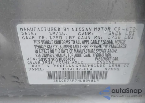 2017 Nissan Versa 1.6 Sv from USA, damaged, VIN 3N1CN7AP7HL834819